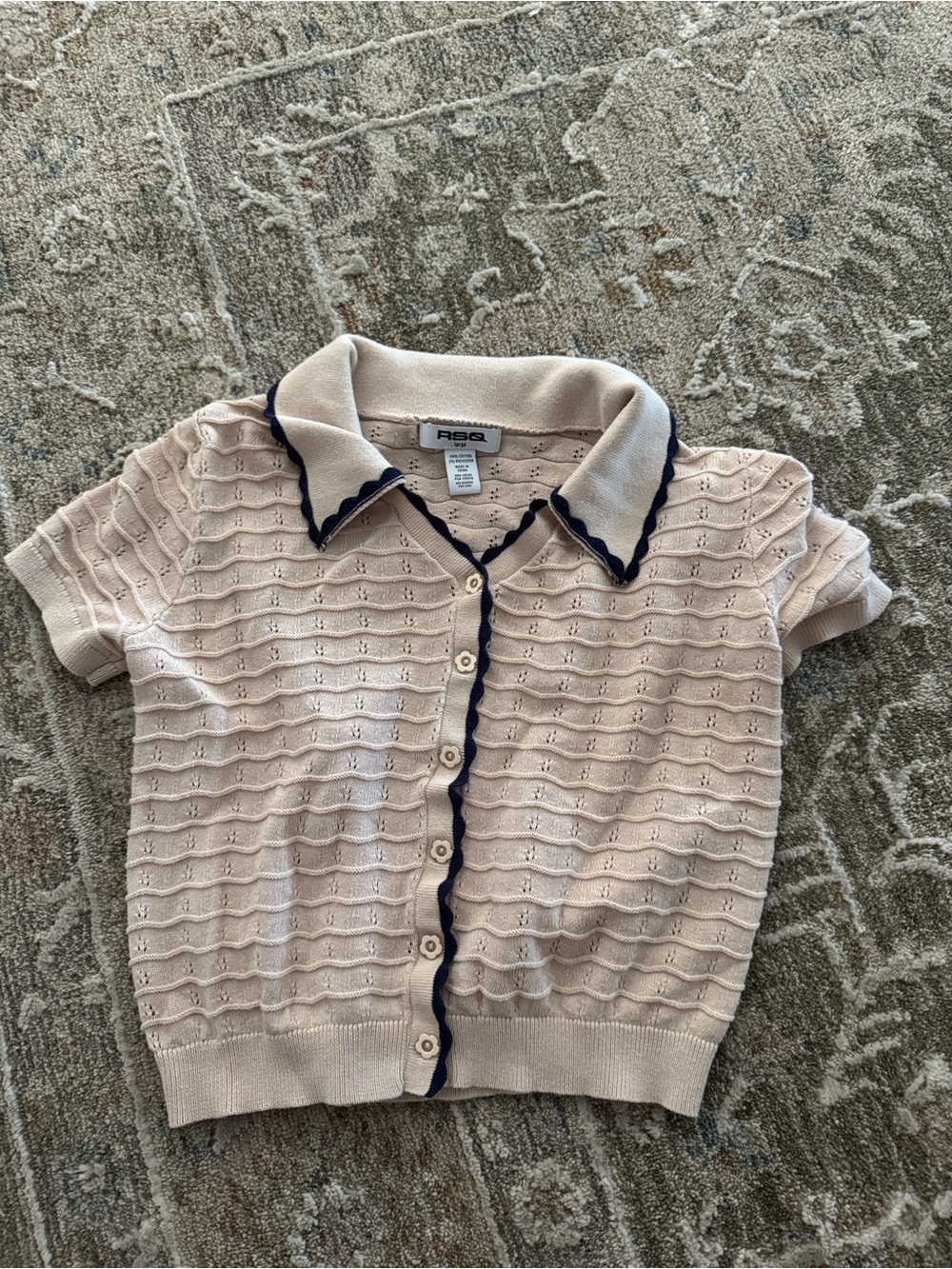 RSQ Beige Knit Button-Down Top with Navy Trim